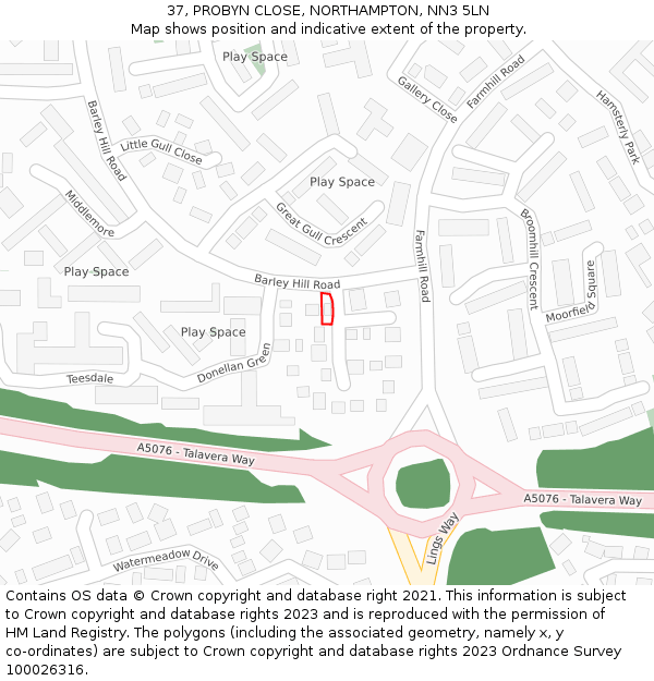 37, PROBYN CLOSE, NORTHAMPTON, NN3 5LN: Location map and indicative extent of plot