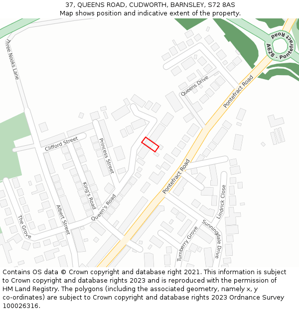 37, QUEENS ROAD, CUDWORTH, BARNSLEY, S72 8AS: Location map and indicative extent of plot