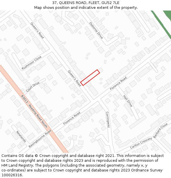 37, QUEENS ROAD, FLEET, GU52 7LE: Location map and indicative extent of plot