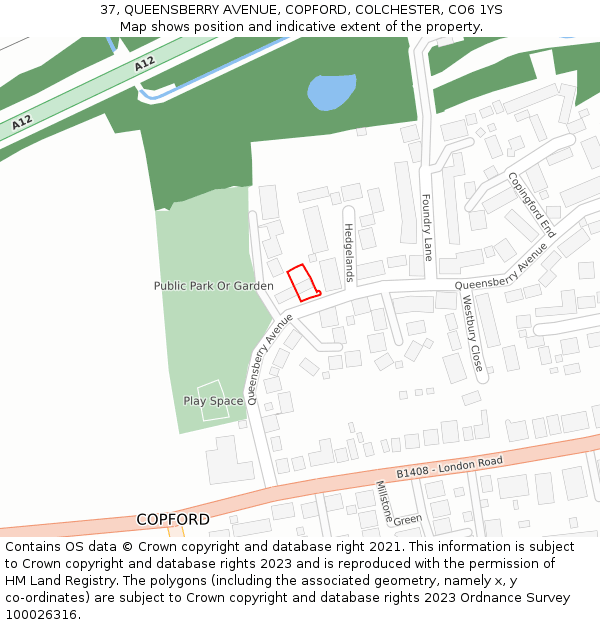 37, QUEENSBERRY AVENUE, COPFORD, COLCHESTER, CO6 1YS: Location map and indicative extent of plot