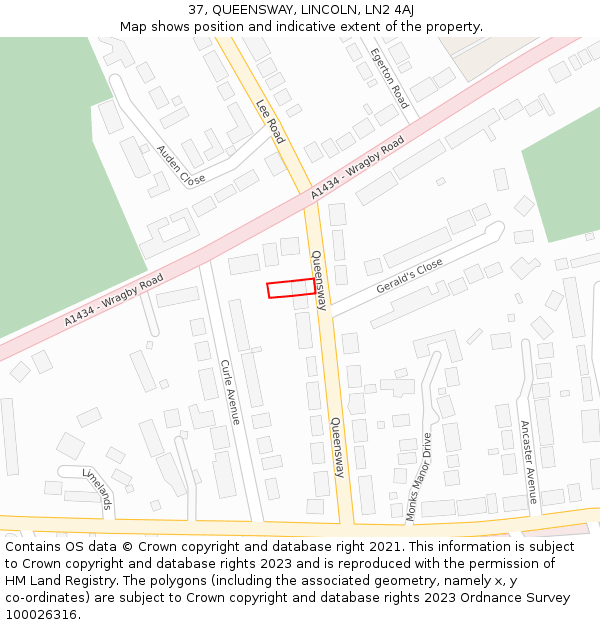 37, QUEENSWAY, LINCOLN, LN2 4AJ: Location map and indicative extent of plot