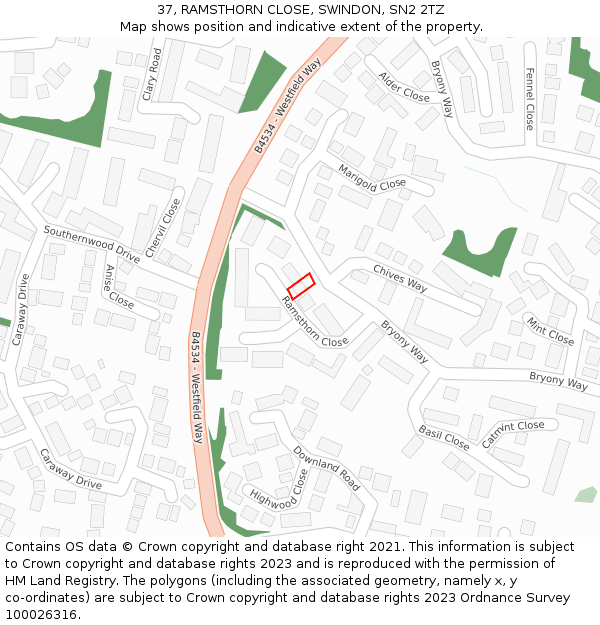 37, RAMSTHORN CLOSE, SWINDON, SN2 2TZ: Location map and indicative extent of plot