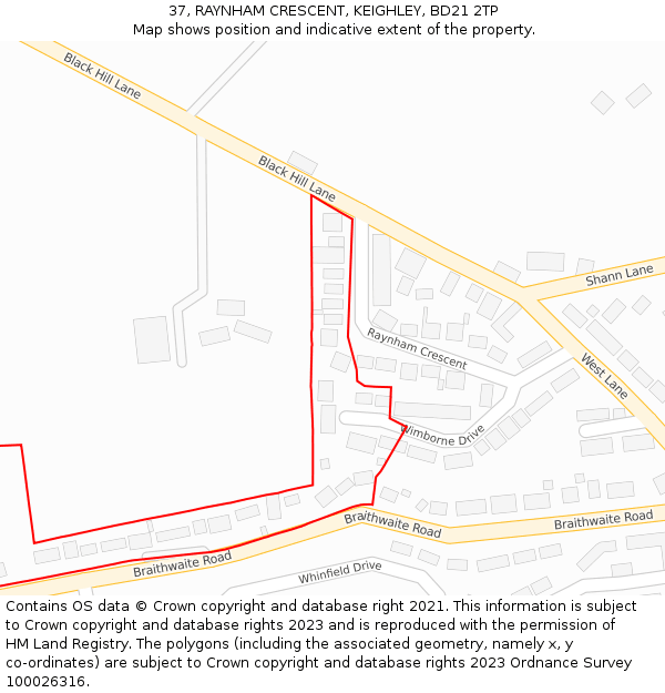 37, RAYNHAM CRESCENT, KEIGHLEY, BD21 2TP: Location map and indicative extent of plot