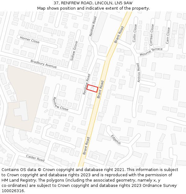 37, RENFREW ROAD, LINCOLN, LN5 9AW: Location map and indicative extent of plot