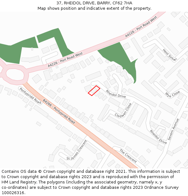 37, RHEIDOL DRIVE, BARRY, CF62 7HA: Location map and indicative extent of plot