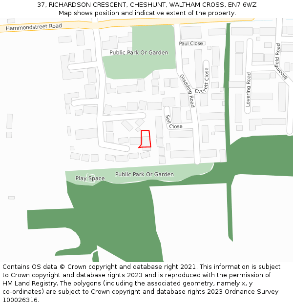 37, RICHARDSON CRESCENT, CHESHUNT, WALTHAM CROSS, EN7 6WZ: Location map and indicative extent of plot