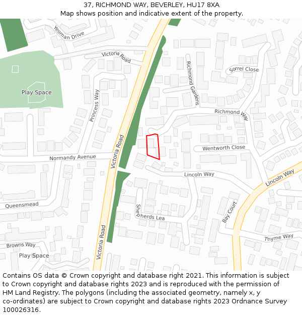 37, RICHMOND WAY, BEVERLEY, HU17 8XA: Location map and indicative extent of plot