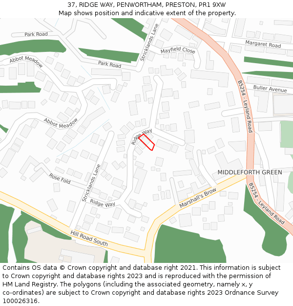 37, RIDGE WAY, PENWORTHAM, PRESTON, PR1 9XW: Location map and indicative extent of plot