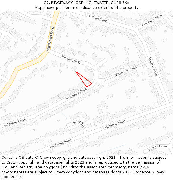 37, RIDGEWAY CLOSE, LIGHTWATER, GU18 5XX: Location map and indicative extent of plot