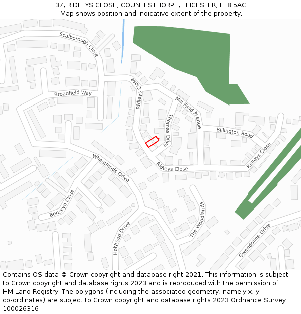 37, RIDLEYS CLOSE, COUNTESTHORPE, LEICESTER, LE8 5AG: Location map and indicative extent of plot