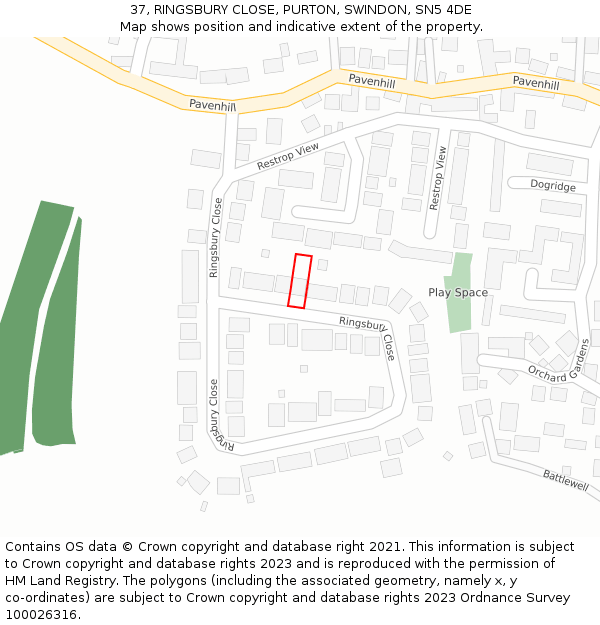 37, RINGSBURY CLOSE, PURTON, SWINDON, SN5 4DE: Location map and indicative extent of plot