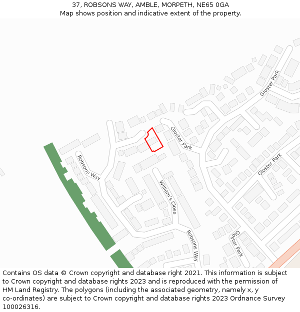 37, ROBSONS WAY, AMBLE, MORPETH, NE65 0GA: Location map and indicative extent of plot