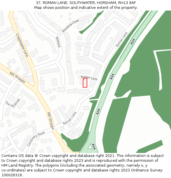 37, ROMAN LANE, SOUTHWATER, HORSHAM, RH13 9AF: Location map and indicative extent of plot