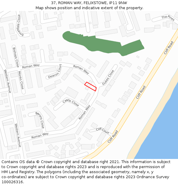 37, ROMAN WAY, FELIXSTOWE, IP11 9NW: Location map and indicative extent of plot