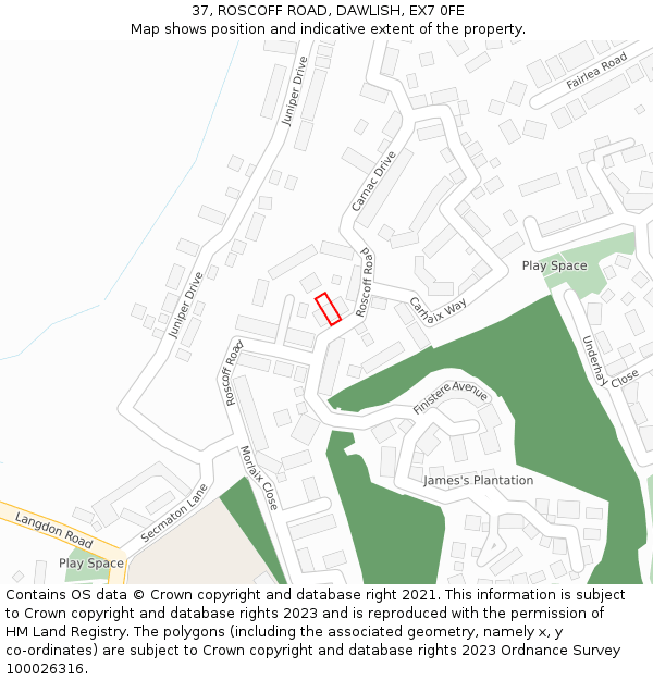 37, ROSCOFF ROAD, DAWLISH, EX7 0FE: Location map and indicative extent of plot