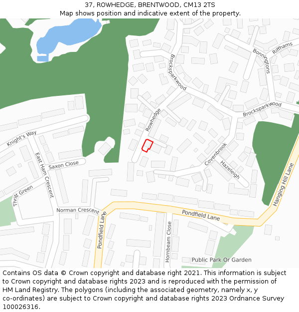 37, ROWHEDGE, BRENTWOOD, CM13 2TS: Location map and indicative extent of plot