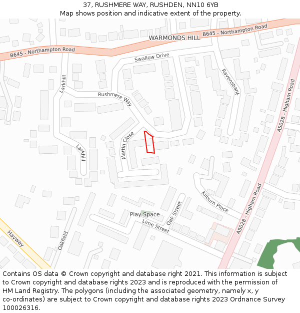 37, RUSHMERE WAY, RUSHDEN, NN10 6YB: Location map and indicative extent of plot