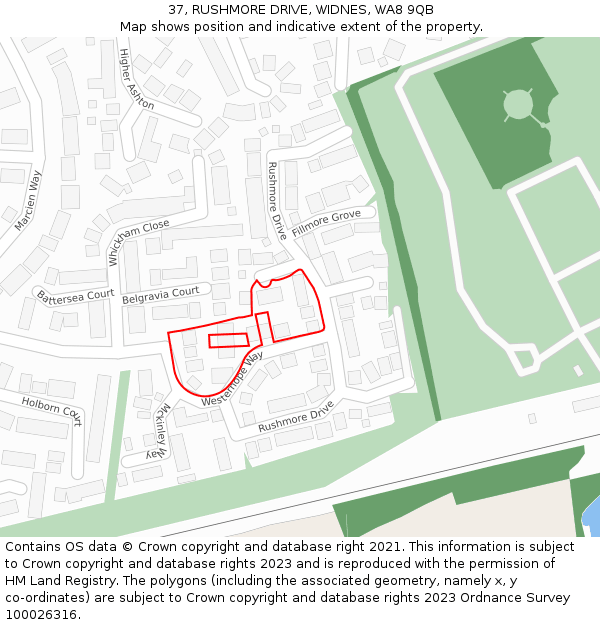 37, RUSHMORE DRIVE, WIDNES, WA8 9QB: Location map and indicative extent of plot