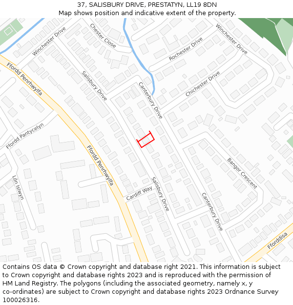 37, SALISBURY DRIVE, PRESTATYN, LL19 8DN: Location map and indicative extent of plot