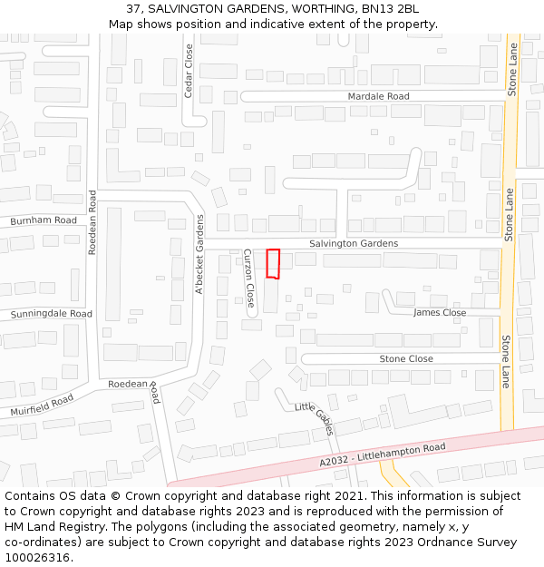 37, SALVINGTON GARDENS, WORTHING, BN13 2BL: Location map and indicative extent of plot