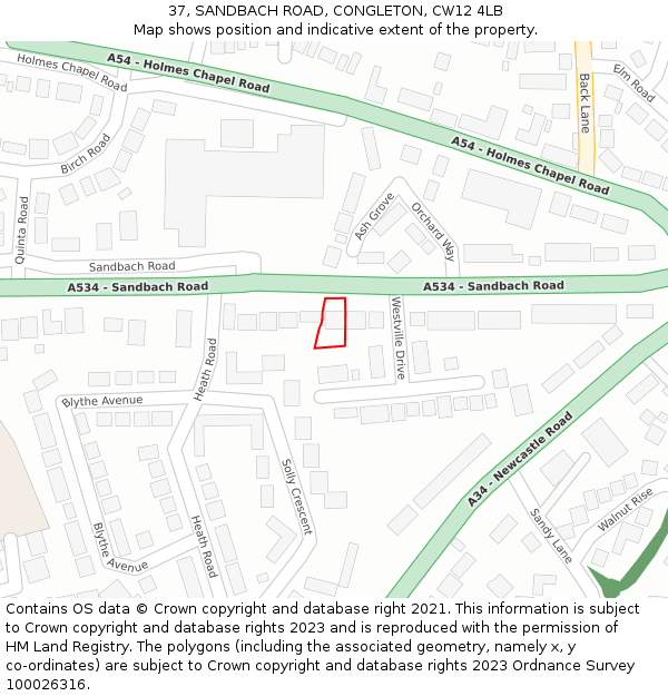 37, SANDBACH ROAD, CONGLETON, CW12 4LB: Location map and indicative extent of plot