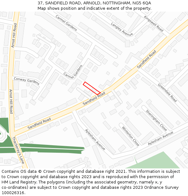 37, SANDFIELD ROAD, ARNOLD, NOTTINGHAM, NG5 6QA: Location map and indicative extent of plot