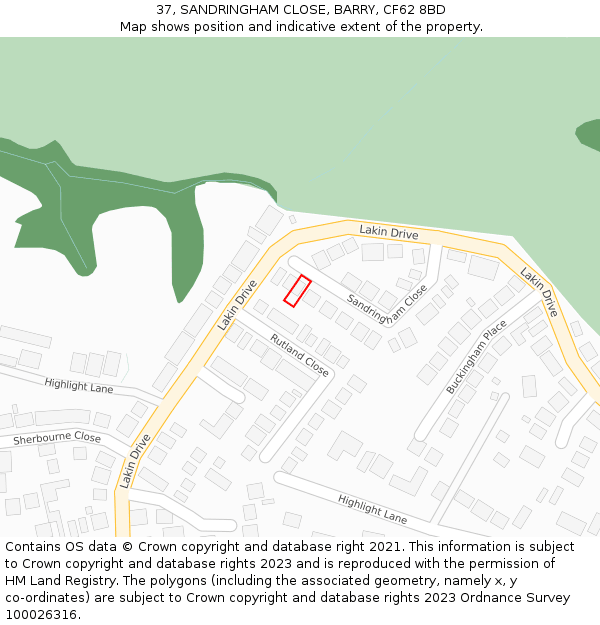 37, SANDRINGHAM CLOSE, BARRY, CF62 8BD: Location map and indicative extent of plot