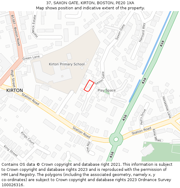 37, SAXON GATE, KIRTON, BOSTON, PE20 1XA: Location map and indicative extent of plot