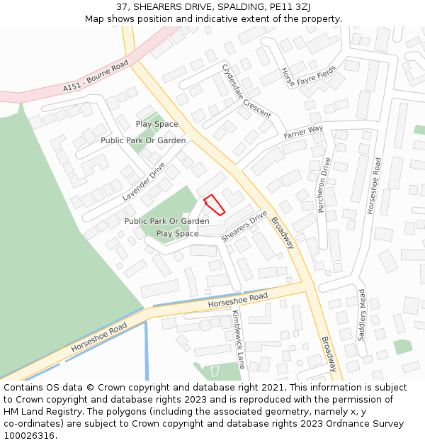 37, SHEARERS DRIVE, SPALDING, PE11 3ZJ: Location map and indicative extent of plot