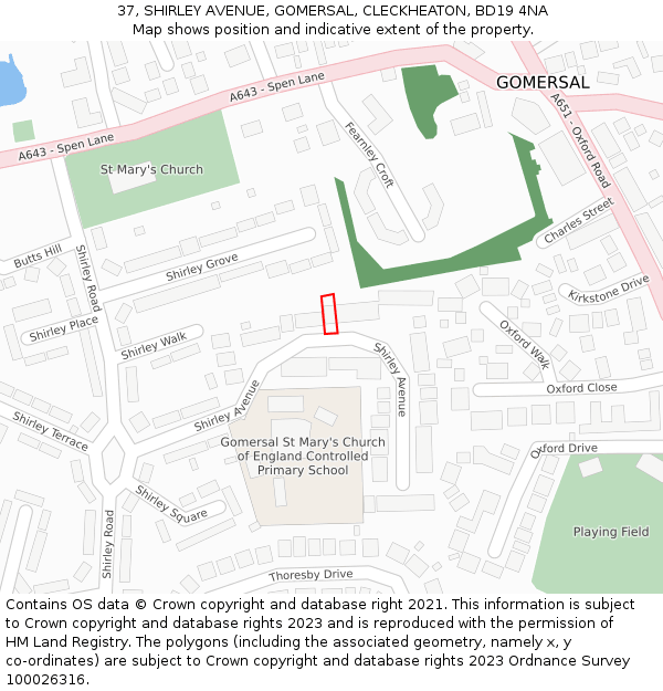 37, SHIRLEY AVENUE, GOMERSAL, CLECKHEATON, BD19 4NA: Location map and indicative extent of plot