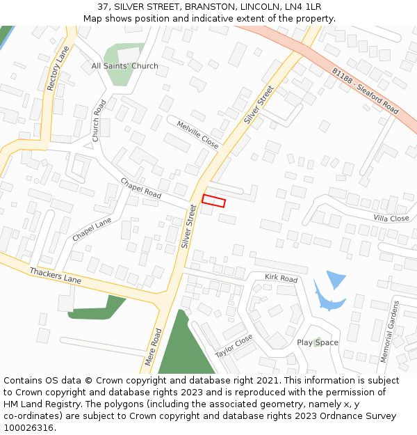 37, SILVER STREET, BRANSTON, LINCOLN, LN4 1LR: Location map and indicative extent of plot