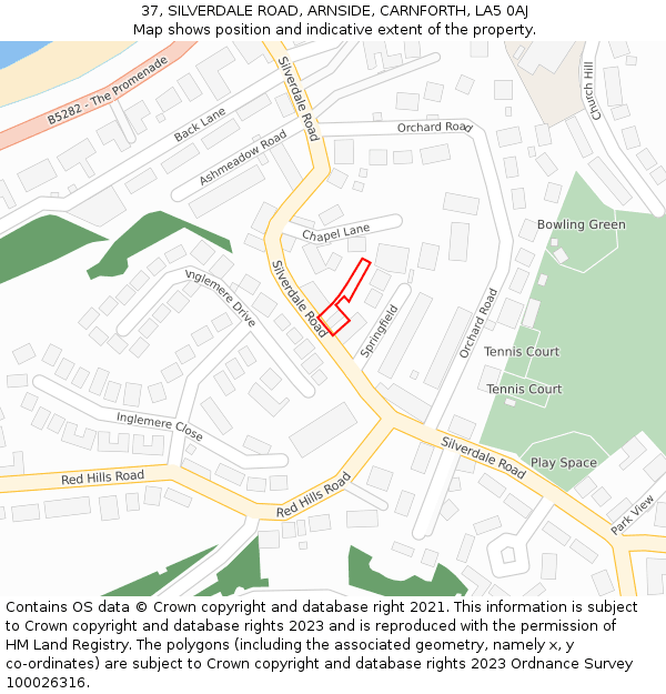 37, SILVERDALE ROAD, ARNSIDE, CARNFORTH, LA5 0AJ: Location map and indicative extent of plot