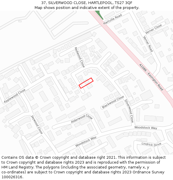 37, SILVERWOOD CLOSE, HARTLEPOOL, TS27 3QF: Location map and indicative extent of plot