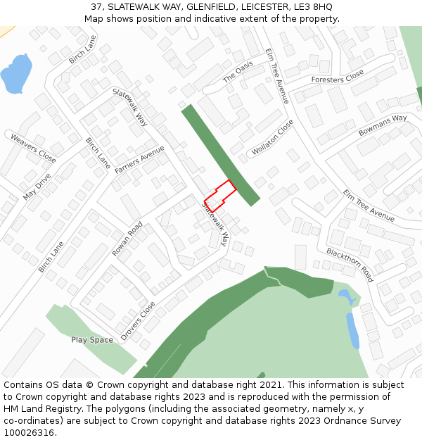 37, SLATEWALK WAY, GLENFIELD, LEICESTER, LE3 8HQ: Location map and indicative extent of plot