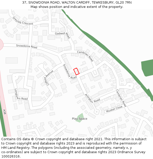 37, SNOWDONIA ROAD, WALTON CARDIFF, TEWKESBURY, GL20 7RN: Location map and indicative extent of plot