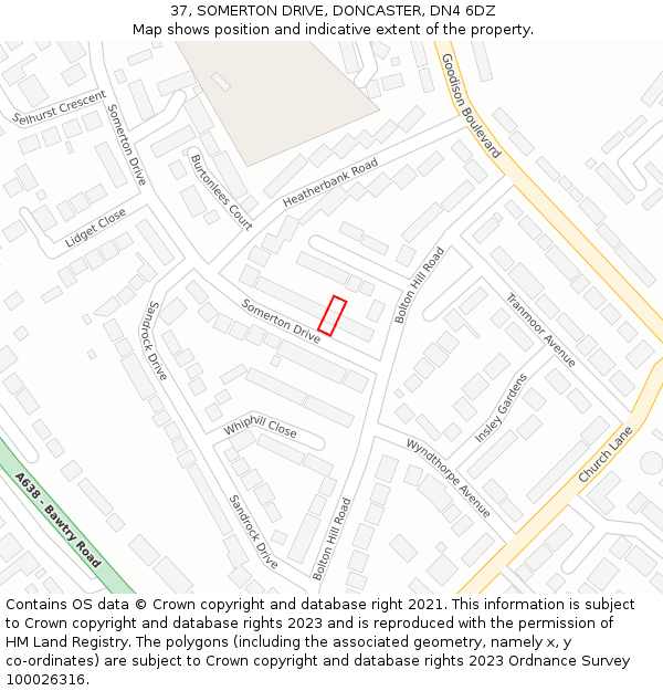 37, SOMERTON DRIVE, DONCASTER, DN4 6DZ: Location map and indicative extent of plot