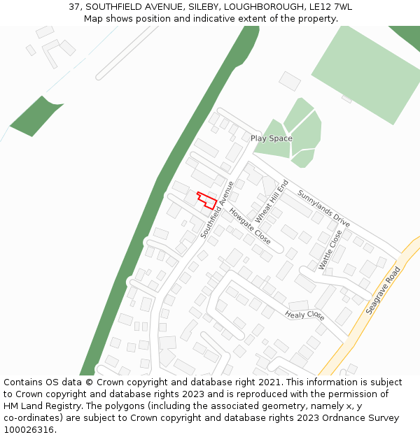 37, SOUTHFIELD AVENUE, SILEBY, LOUGHBOROUGH, LE12 7WL: Location map and indicative extent of plot