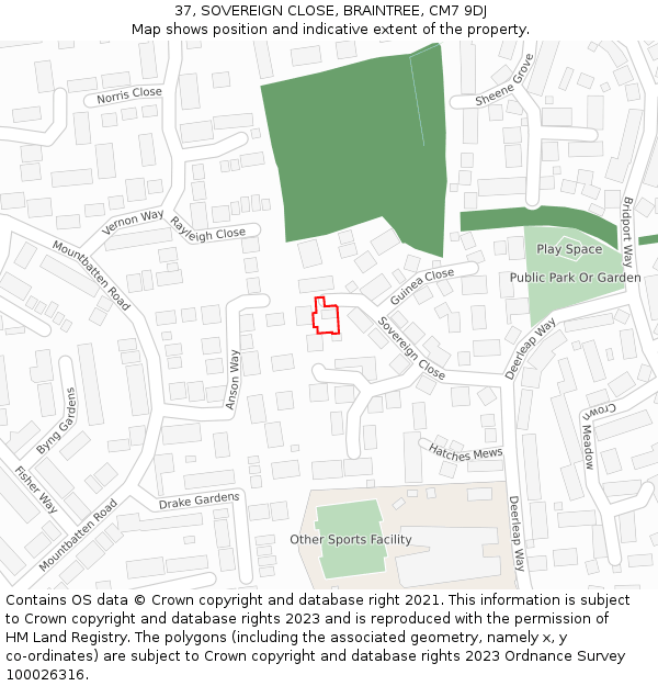 37, SOVEREIGN CLOSE, BRAINTREE, CM7 9DJ: Location map and indicative extent of plot