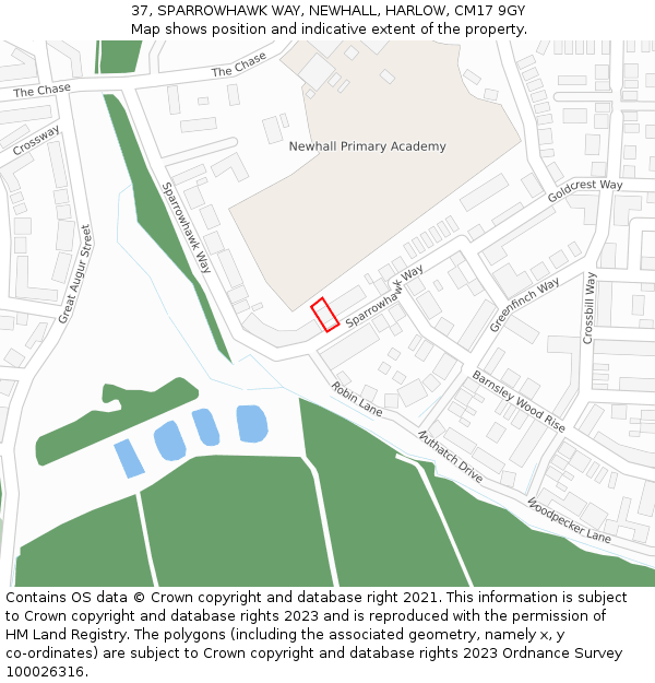 37, SPARROWHAWK WAY, NEWHALL, HARLOW, CM17 9GY: Location map and indicative extent of plot