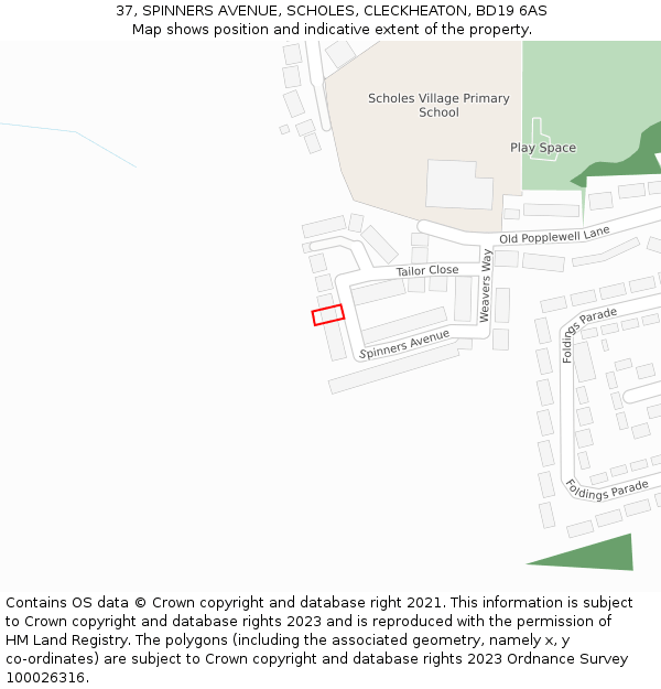 37, SPINNERS AVENUE, SCHOLES, CLECKHEATON, BD19 6AS: Location map and indicative extent of plot