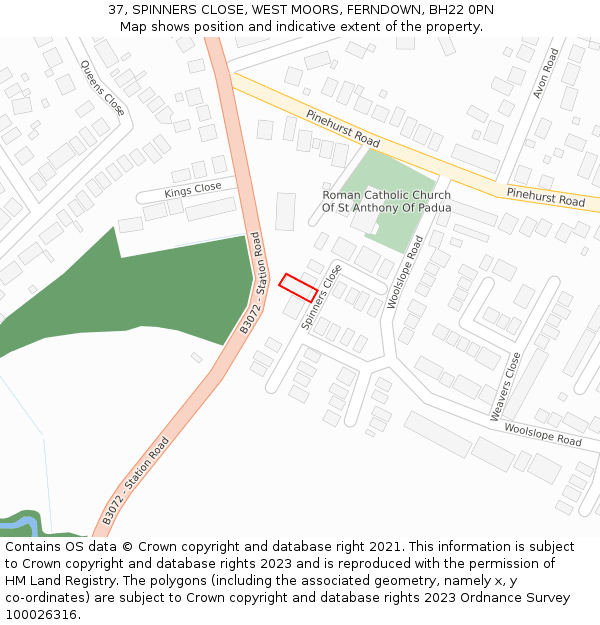 37, SPINNERS CLOSE, WEST MOORS, FERNDOWN, BH22 0PN: Location map and indicative extent of plot