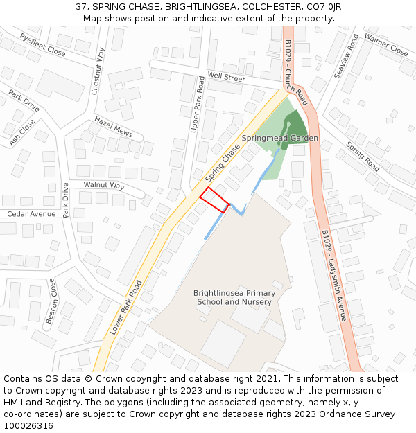 37, SPRING CHASE, BRIGHTLINGSEA, COLCHESTER, CO7 0JR: Location map and indicative extent of plot