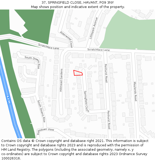 37, SPRINGFIELD CLOSE, HAVANT, PO9 3NY: Location map and indicative extent of plot