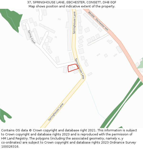 37, SPRINGHOUSE LANE, EBCHESTER, CONSETT, DH8 0QF: Location map and indicative extent of plot