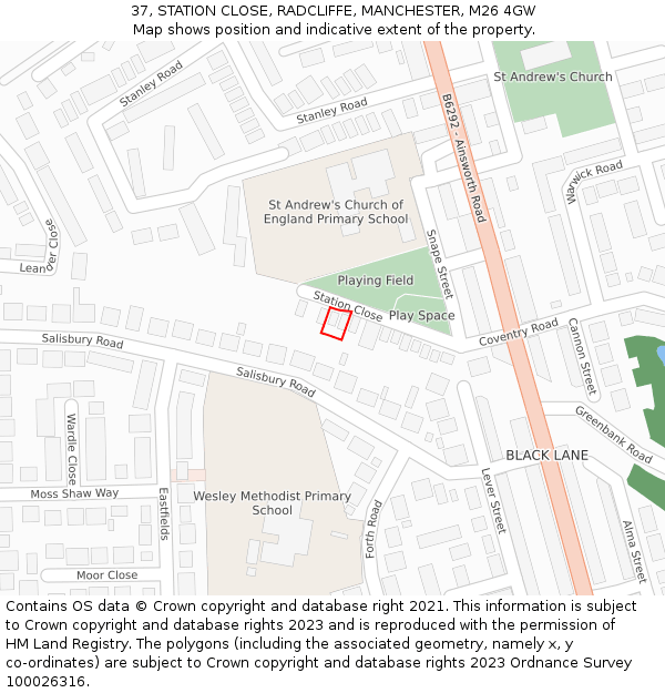 37, STATION CLOSE, RADCLIFFE, MANCHESTER, M26 4GW: Location map and indicative extent of plot