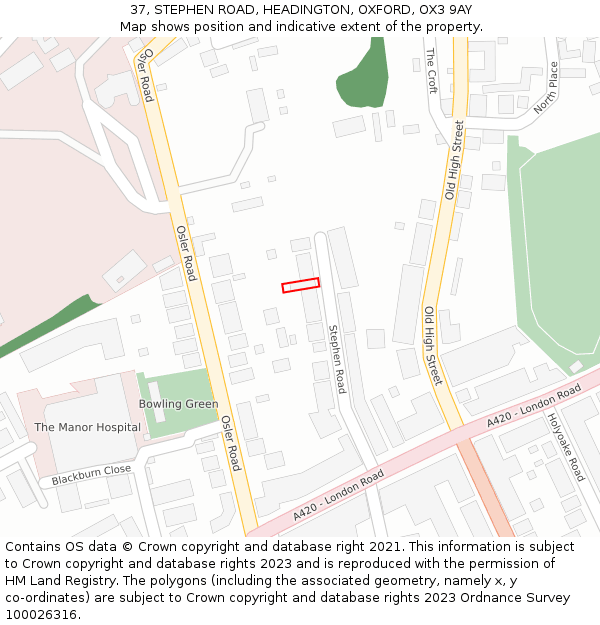 37, STEPHEN ROAD, HEADINGTON, OXFORD, OX3 9AY: Location map and indicative extent of plot