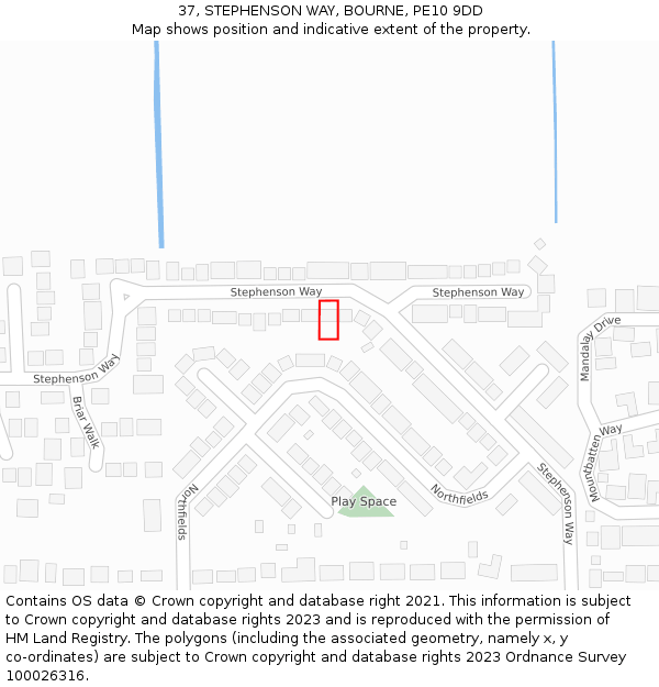 37, STEPHENSON WAY, BOURNE, PE10 9DD: Location map and indicative extent of plot