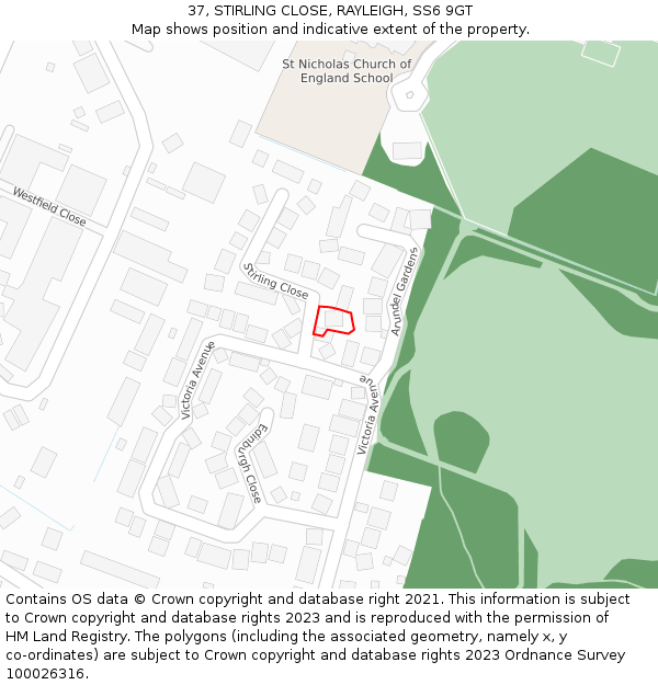 37, STIRLING CLOSE, RAYLEIGH, SS6 9GT: Location map and indicative extent of plot