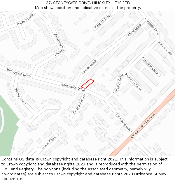 37, STONEYGATE DRIVE, HINCKLEY, LE10 1TB: Location map and indicative extent of plot