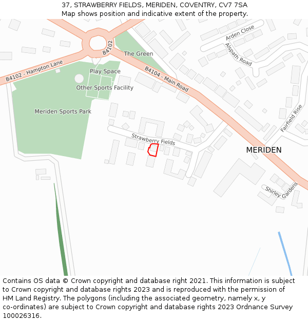 37, STRAWBERRY FIELDS, MERIDEN, COVENTRY, CV7 7SA: Location map and indicative extent of plot